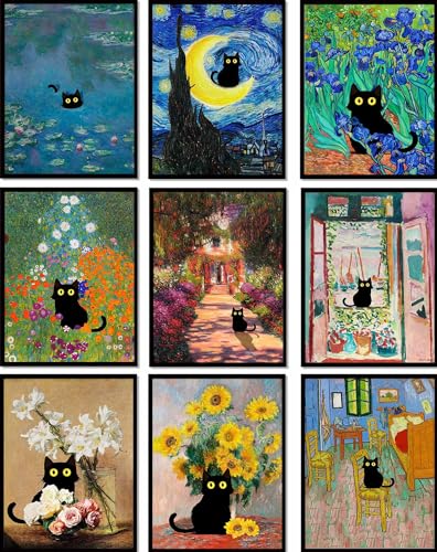 9Pcs Funny Black Cat Wall Art Cats in Famous Paintings Posters Prints Matisse Monet Van Gogh Vintage Gallery Wall Decor Pictures Eclectic Cute Preppy Aesthetic Room Decor,Unframed - Black Cat - 8"X10"X9PCS