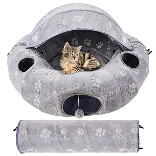 OUHOU Cat Tunnel Bed Tube with Plush Cover, Cat Tunnels for Indoor Cats, 3 Hanging Balls and 4 Peephole, Collapsible Self-Luminous Flannel Fabric for Large Cats, Bunny, Puppy