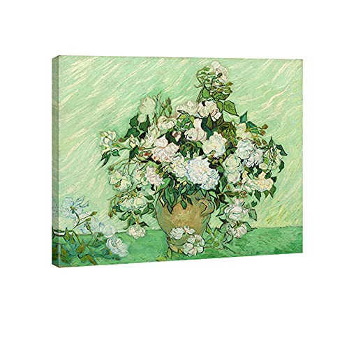 Wieco Art Vase with Pink Roses by Van Gogh Flowers Oil Paintings Reproductions Modern Giclee Canvas Prints Artwork Abstract Floral Pictures Printed on Canvas Wall Art for Bedroom Home Decorations - 16x12inch (40x30cm)