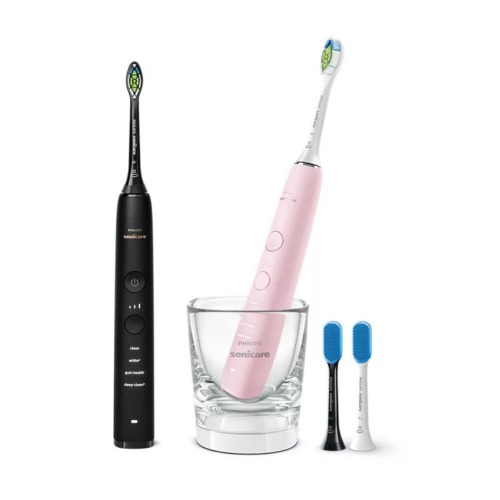 Philips Sonicare DiamondClean 9000 Black + DiamondClean9000 Pink Electric Toothbrush Bundle Pack, 4 Modes and 3 Intensities, Built-in Pressure Sensor, 1x Glass Charger HX9914/59