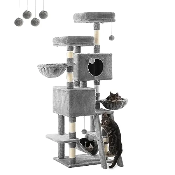 FourFurPets Cat Tree for Indoor Cats, 63in Cat Tower, Cat Condo, Two Cat Perch, Wwo Cat Caves, Two Cat Basket, Sisal Scratching Stairs, Toys, Light Gray
