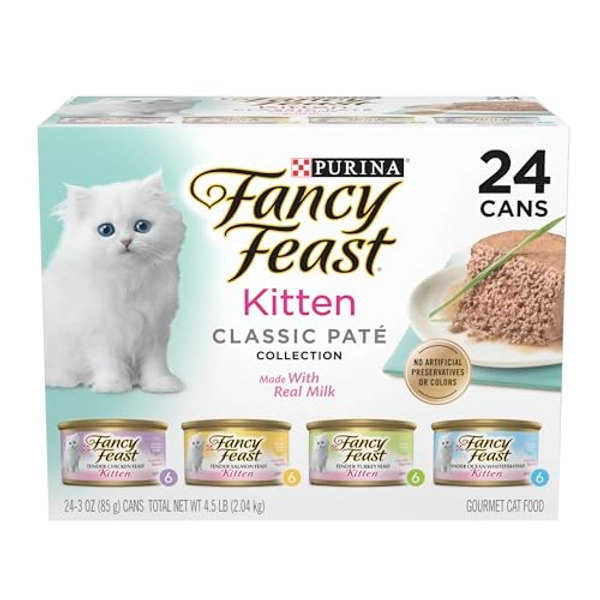 Purina Fancy Feast Tender Ocean Whitefish, Turkey, Chicken and Salmon Feasts Wet Kitten Food Variety Pack - (Pack of 24) 3 oz. Boxes