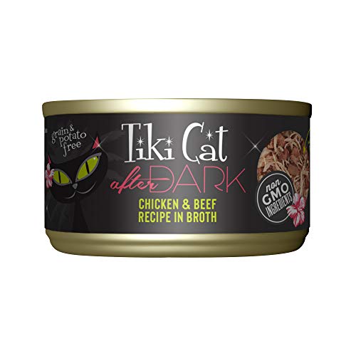 TIKI PETS Cat After Dark Grain-Free, Low-Carbohydrate Wet Food with Real Shredded Meat for Cats & Kittens, 2.8oz, 12pk, Chicken & Beef, Black (11240) - Chicken & Beef - 2.8 Ounce (Pack of 12)