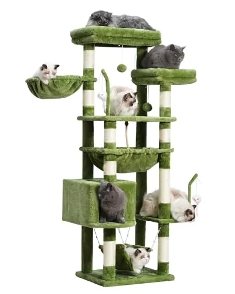 Gitelsnour Cat Tree, Cat Tower for Large Cats with 2 Big Platforms, 2 Baskets, condo and Toys, 63" Cat Scratching Posts for Indoor Cats, Green GCT020GR