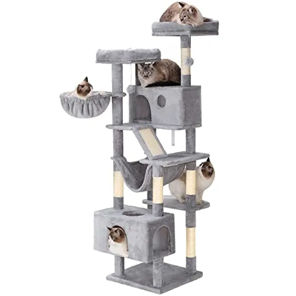 Hey-brother Cat Tree, XL Cozy Cat Tower, 69 Inch Tall Cat Condo with Hammock, Basket, Scratching Posts, 2 Large Cat Caves, 2 Plush Perches, Stable Cat Activity Center, Light Gray MPJ033W