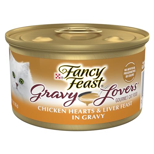 Purina Fancy Feast Gravy Lovers Chicken Hearts and Liver Feast Gourmet Cat Food in Wet Cat Food Gravy - 3 oz. Can - Chicken Hearts & Liver - 3.00 Ounce (Pack of 24)