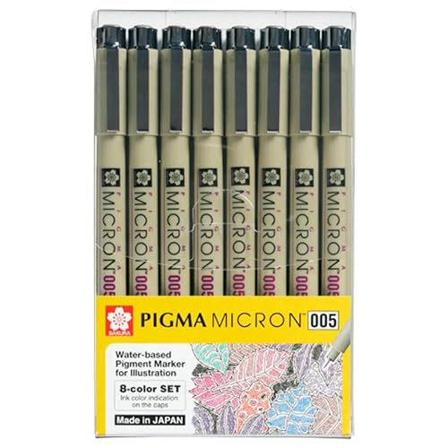 SAKURA Pigma Micron 005 8 Color Set Water Based Pigment for Illustration - Holiday Gifts for Artists, Crafters & DIY Gifts Projects