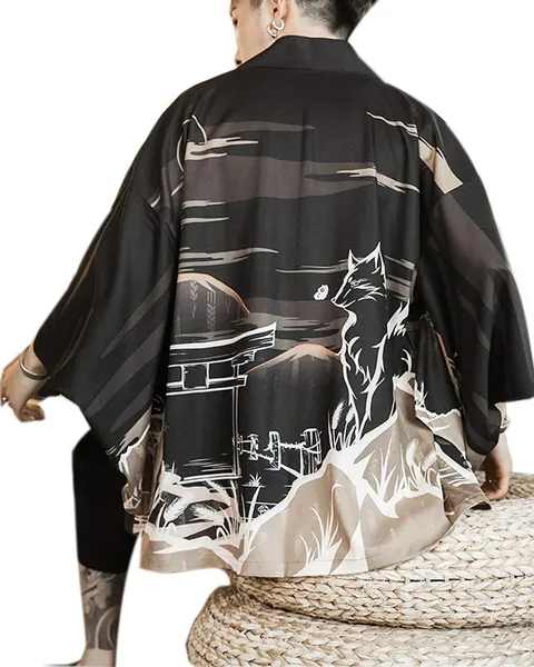 PRIJOUHE Men's Kimono Cardigan Jacket Japanese Style Flying Crane Seven Sleeves Open Front Coat - M-black XX-Large