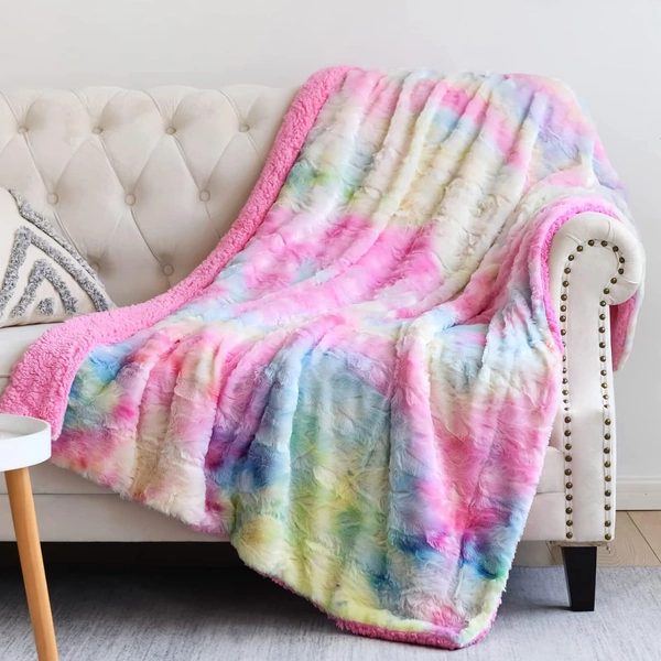 NEWCOSPLAY Super Soft Faux Fur Throw Blanket for Couch Light Rainbow Sherpa Fuzzy Plush Warm Blanket for Sofa Bed (Light Rainbow, Throw(50"x60"))