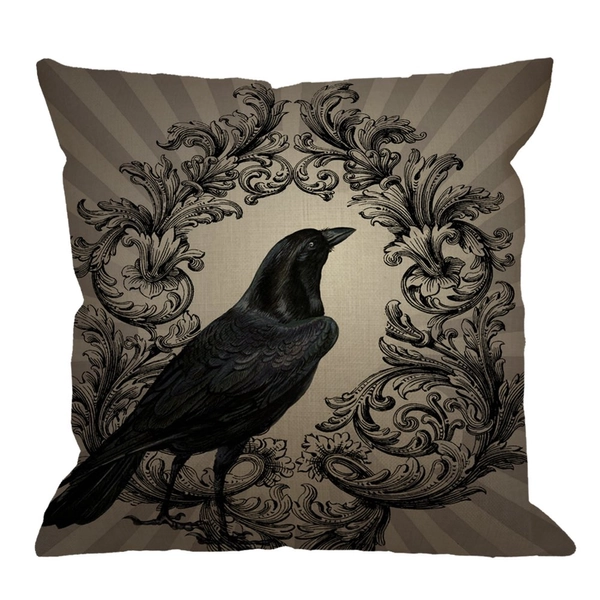 HGOD DESIGNS Crow Throw Pillow Case Vintage Crow Black Flower Cotton Linen Square Cushion Cover Standard Pillowcase for Men Women Home Decorative Sofa Armchair Bedroom Livingroom 18 x 18 inch