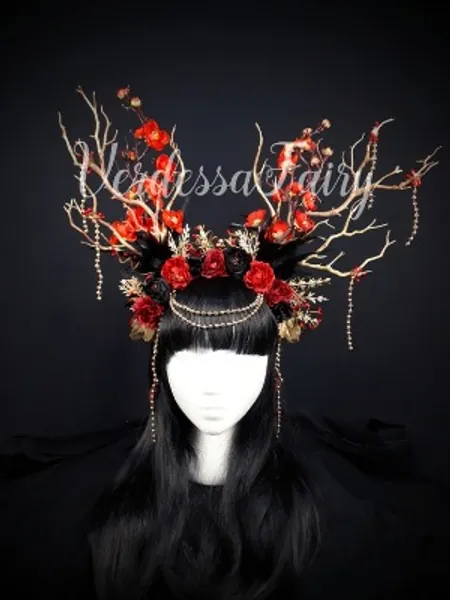 Red and Black Branch Blossom Fairy Headpiece. Red Large Flower | Etsy