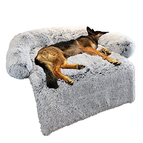 Calming Dog Bed Fluffy Plush Dog Mat for Furniture Protector with Removable Washable Cover for Large Medium Small Dogs and Cats (Large, Light Grey) - 45.0"L x 37.0"W x 6.0"Th - Light Grey
