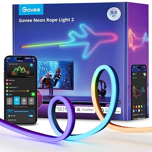 Govee RGBIC Neon Lights, LED Smart Neon Rope Light 2 Works with Matter, Alexa, Google Assistant, Custom DIY Neon Strip Lights for Bedroom and Wall Decor, Softer Material, 9.8ft, Black - Black - 9.8ft