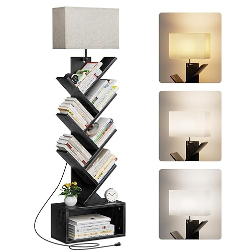 Evermagin 6 Tier Tree Bookshelf with Light, Small Bookcase Tower for Books/CDs/Movies, Sturdy Tall Floor Standing Book Organizer with Storage Cabinet for Living Room, Bedroom and Home Office (Black) - Black
