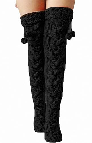 VETHIN Women's Cable Knit Thigh High Socks Over Knee High Long Leg Stockings Extra Long Winter Long Boot Leg Warmers - One Size - Black Ball