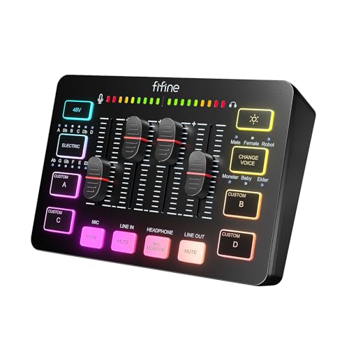 FIFINE Gaming PC Audio Mixer for Streaming, DJ Mixer with Volume Fader, XLR Microphone Interface, Voice Change, Channel Control, Mute, Sound Effect, 48V Phantom Power for Podcast Recording-SC3 - Black