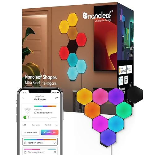 Nanoleaf Shapes WiFi and Thread Smart RGBW 16M+ Color LED Dimmable Gaming and Home Decor Wall Lights Smarter Kits (Black Hexagons Smarter Kit (9 Pack)) - Black Hexagons Smarter Kit (9 Pack)
