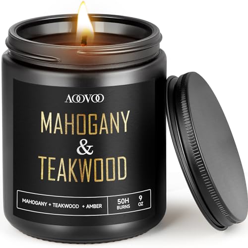 AOOVOO Scented Candles for Men - Mahogany Teakwood Scented, Black Candle Gift for Men & Women, Highly Scented Soy Wax Candle for Home, Birthday, Father's Day, 9 oz, Up to 50 Hours Burn