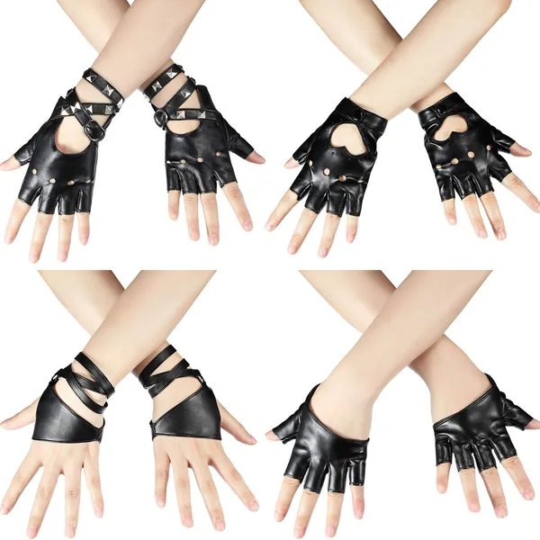 Norme 4 Pairs Women Punk Rivets Belt Half Finger Gloves PU Leather Performance Gloves Dance Gloves Jazz Style Gloves, Black, Medium