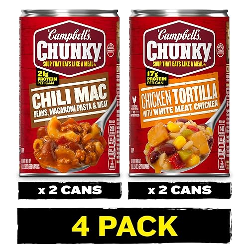 Campbell's Chunky Soups 4 pack bundle: (2) Chunky Chili Mac Soup 18.8 oz Cans, (2) Chunky Chicken Tortilla Soup 18.6 oz - Chili Mac/Chicken Tortilla - 18.8 Fl Oz (Pack of 4)