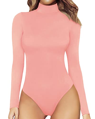 MANGOPOP Women's Mock Turtle Neck Long Sleeve Tops Bodysuit Jumpsuit - Long Sleeve Pink - Large