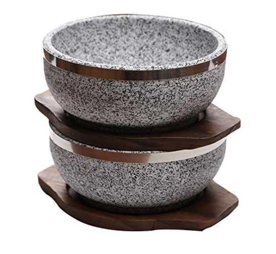 KoreArtStory Dolsot-Bibimbap Stone Bowls 32-Oz(Set of 2 + Wood base 1 More + Bibimbap Recipe) Cooking Korean Soup and Food - Set of 2