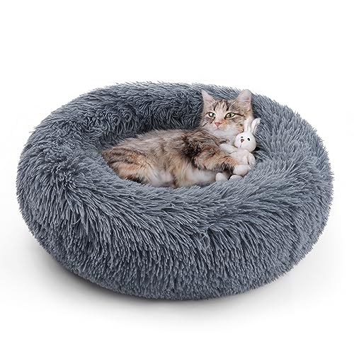 rabbitgoo Cat Beds for Indoor Cats, 20 inches Cat Bed Machine Washable, Fluffy Round Pet Bed Non-Slip, Calming Soft Plush Donut Cuddler Cushion Self Warming for Small Dogs Kittens, Dark Grey, Medium - 20.0"L x 20.0"W x 4.7"Th - Dark Grey