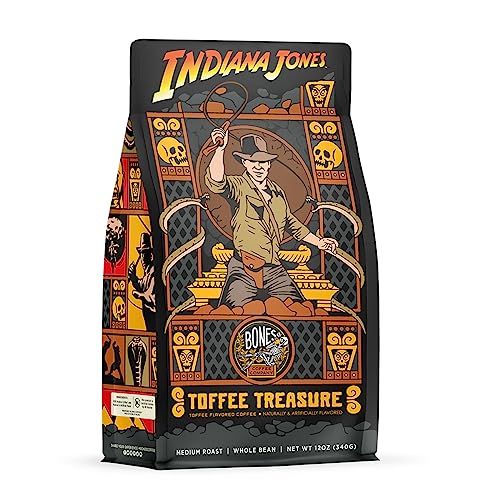 Bones Coffee Company Toffee Treasure Ground Coffee Beans Toffee Flavor | 12 oz Flavored Coffee Gifts Low Acid Medium Roast Gourmet Coffee Inspired by Disney's Indiana Jones (Ground) - Toffee (Ground)