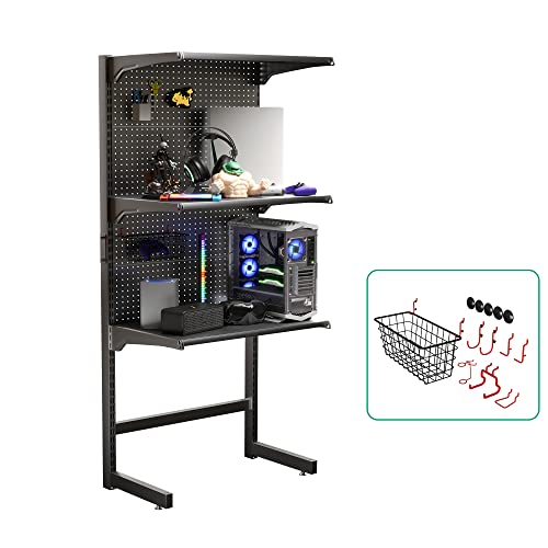 JWX DDB Gaming Standing Shelf Units, 30‘’ Home Office cabinets with Metal Pegboard and 15 Pieces Organizer Tool Holders - Frosted Black