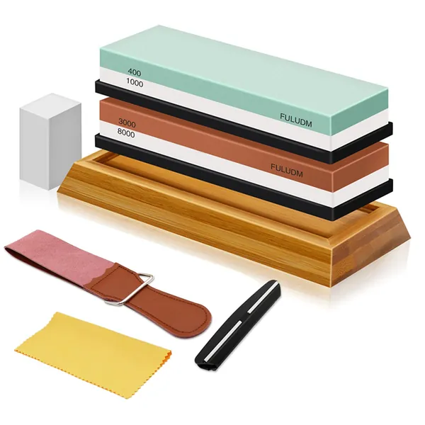 Whetstone Knife Sharpening Stone Set - Whetstones Sharpener Stones for Knives 400/1000 3000/8000 Grit FULUDM Wet Water Stone Kit, with Angle Guide Leather Strop