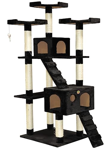 Go Pet Club 72" Tall Cat Tree Tower with Cat Condos - Large Cat Tree - Cat Tower for Indoor Cats - Play Scratch Hide Climb Activity Furniture with Toy - Black - Black