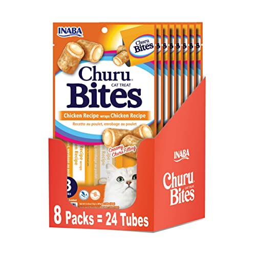 INABA Churu Bites for Cats, Grain-Free, Soft/Chewy Baked Chicken Wrapped Churu Filled Cat Treats with Vitamin E, 0.35 Ounce (Pack of 8) Each Tube| 24 Tubes Total (3 per Pack), Chicken Recipe - Chicken - 0.35 Ounce (Pack of 8)