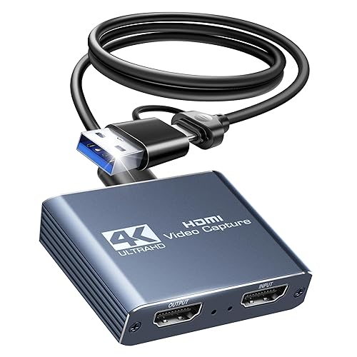 Capture Card, HDMI to USB 3.0/Type-C 4K@60Hz Video Streaming and 1080p 60FPS Recording, with Mic Audio Input & HDMI Loop-Out, Low-Latency Capture Device for Live Streaming, Teaching, Gaming