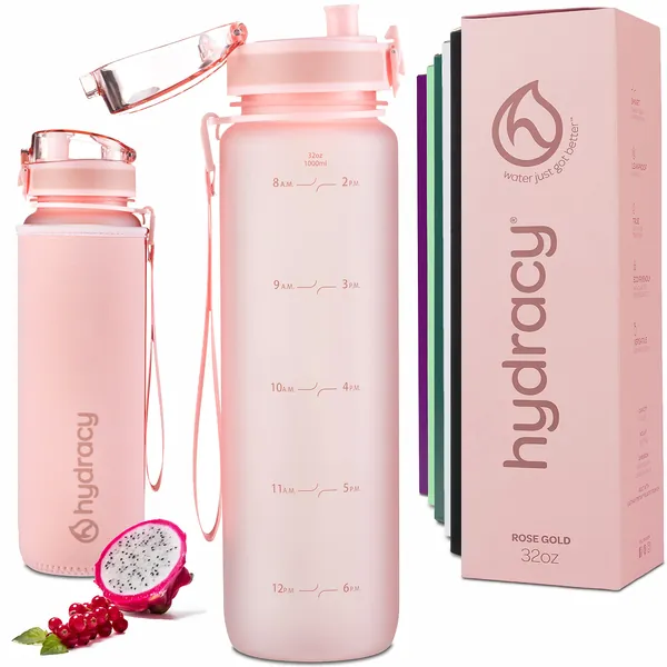 Hydracy Water Bottle with Time Marker - Large 1 Liter 32 Oz BPA Free Water Bottle -Leak Proof & No Sweat Gym Bottle with Fruit Infuser Strainer -Ideal Gift for Fitness or Sports & Outdoors - Rose Gold