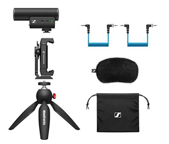 Sennheiser Professional MKE 400 + Mobile Kit, Directional On-Camera Microphone with Smartphone Clamp & Manfrotto PIXI Mini Tripod, 509257, Auxiliary - MKE 400 + Mobile Kit