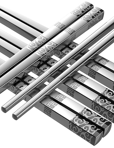 TINMARDA Metal Chopsticks Reusable 5 Pairs Stainless Steel Chopsticks Dishwasher Safe Square Lightweight Non-Slip Chop Sticks Present Set (Silver) - Classic