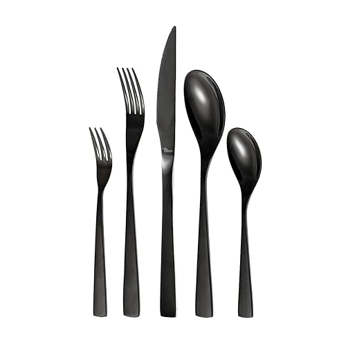 Otto Koning -Berlin- Black Silverware Set, 18/0 Stainless Steel Cutlery Set, Mirror Finished, Food-Grade. Black Utensil Set for 4 people. Premium Silverware Set 20-Piece with Steak Knives - Black