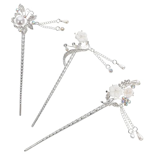 Beavorty 3pcs Hairpin Japanese Hair Pin Japanese Chopsticks Decorative Hair Clips Flower Hair Chopsticks Hair Style Hairpin Antique Hair Sticks Rhinestone Tassel Hairpins Hair Fork Decors - 1 Count (Pack of 1) - Silver