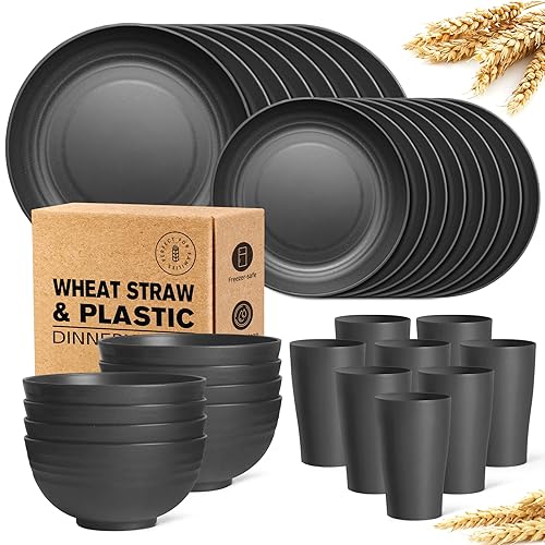 Teivio 32-Piece Kitchen Plastic Wheat Straw Dinnerware Set, Service for 8, Unbreakable Modern Dish Set - Dinner Plate/Dessert Plate/Cereal Bowl/Cup, for Apartment Essentials, Outdoor Camping,Black - Black