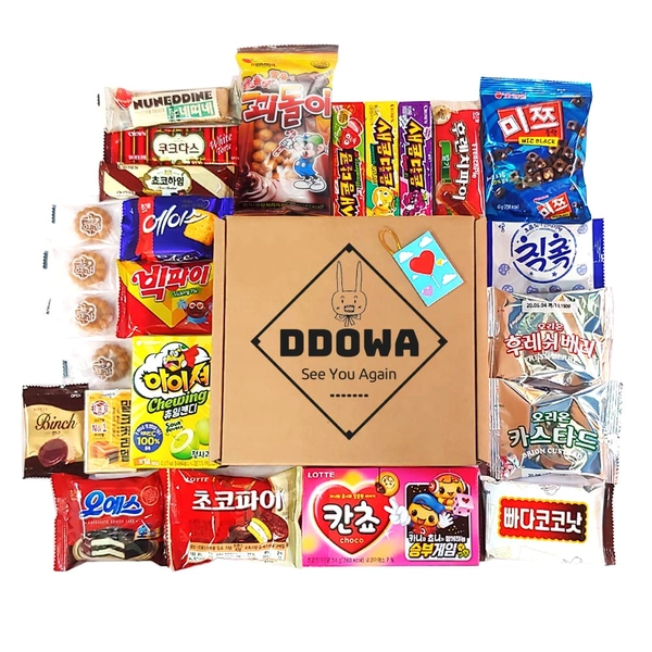 DDOWA Korean Snack Box 22Type Yummy Gift and Care Package Biscuits, Cookies, Pies, Caramel, Candies, Jelly (22 Piece Assortment)