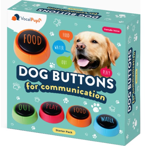VocalPups Dog Buttons for Communication Starter Pack - Female Voice, Dog Talking Button Set, Talking Buttons for Dogs, Dog Buttons Speech Training Set | Dog Communication Buttons | Loud Recorded Words - Large (4 Pack) - Green/Multi-Colour (Female Voice)