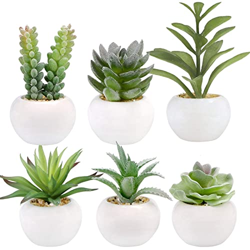 GREENTIME Set of 6 Succulents Plants Artificial in Mini White Ceramic Pots,Small Fake Succulents Plants,Faux Indoor Succulent Plants for Windowsills,Bedroom,Desk,Bathroom,Office,Home Decoration - Green-white Pot