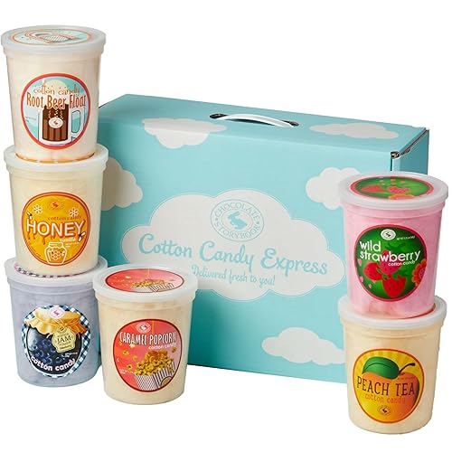 Variety Cotton Candy Gift Box set of 6 tubs including Peach Tea, Wild Strawberry, Blueberry Jam, Honey Vanilla, Root Beer Float - Unique ideas for Holidays, Birthdays, Gag Gifts, Party Favors