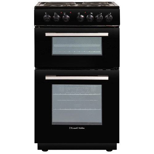 Russell Hobbs RH50ETCEH2001B Black 85L Freestanding 50cm Wide Fan Assisted Electric Cooker with Double Oven, 4 Zone Hotplate, 4 Functions, A Rated Energy, Easy Clean