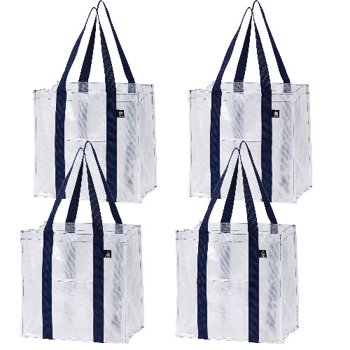VENO 4 Pack Reusable Grocery Shopping Bag w/ Hard bottom, Foldable, Multipurpose Heavy Duty Tote, Daily Utility bag, Stands Upright, Sustainable (Set of 4, Clear)