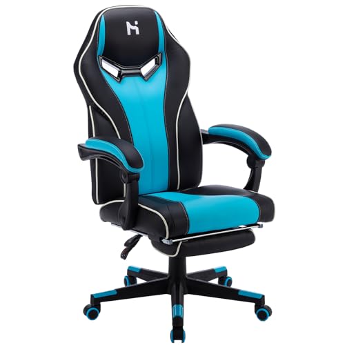 HLDIRECT Gaming Chair, PC Video Game Chair with PU Leather, Ergonomic Height & Angle Adjustable Gaming Chair with Footrest, 360°Swivel Computer Office Chair, Blue - H - Blue