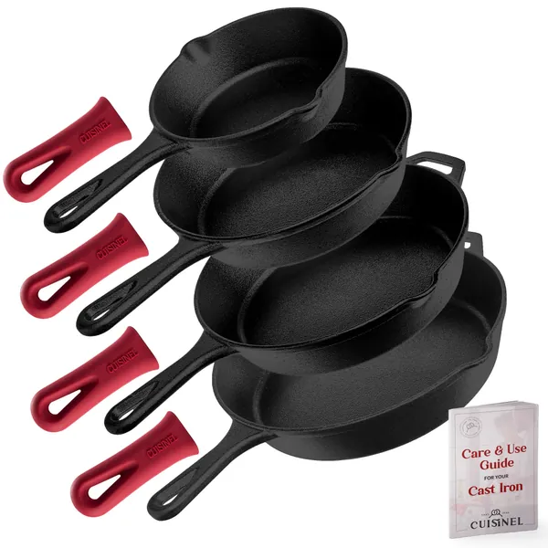 Cast Iron Skillet Set - 4-Piece 6"+8"+10"+12"-Inch Pre-seasoned Frying Pan + 4 Silicone Handle Holders - Indoor/Outdoor Use - Oven, Grill, Stovetop, BBQ, Fire and Induction Safe Kitchen Cookware Kit - 6"+8"+10"+12" Skillet Set
