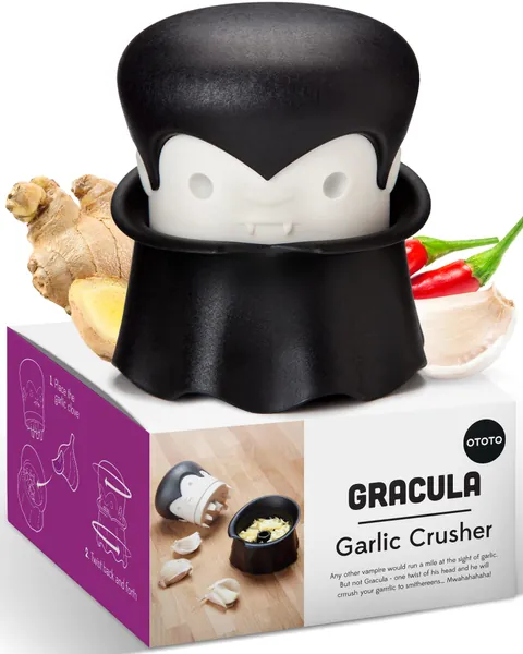 OTOTO Gracula - Garlic Crusher, Garlic Mincer & Herb Grinder - Twist Top & Easy Squeeze Manual Garlic Press & Peeler - BPA Free, Easy Clean & Dishwasher Safe