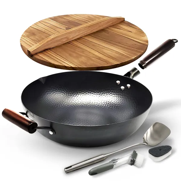 HOME EC Carbon Steel Wok Pan With Lid, Stir Fry Wok Set, Steel Spatula, and Cleaning Brush - Non-Stick Big 12.75" Flat Bottom Chinese woks & stir-fry pans for Electric, Induction, Ceramic & Gas Stoves - 