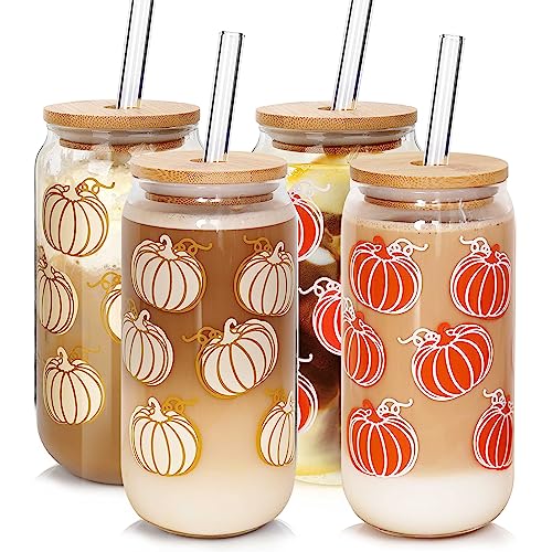 Fall Coffee Mug | Unique Autumn Decor & Iced Coffee Cup | Pumpkin Mug with Pumpkin Decorations | Thanksgiving Tumbler Can Shaped Fall Cups with Bamboo Lid Glass Straw - 18oz  - Pumpkin 4 Cups Style